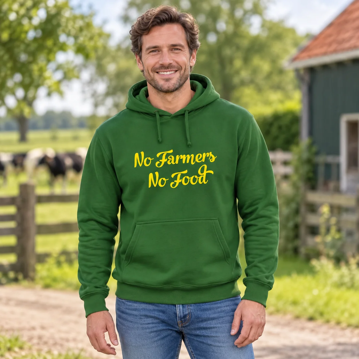 Hoodie No Farmers No Food Groen met gele tekst – sfeerbeeld