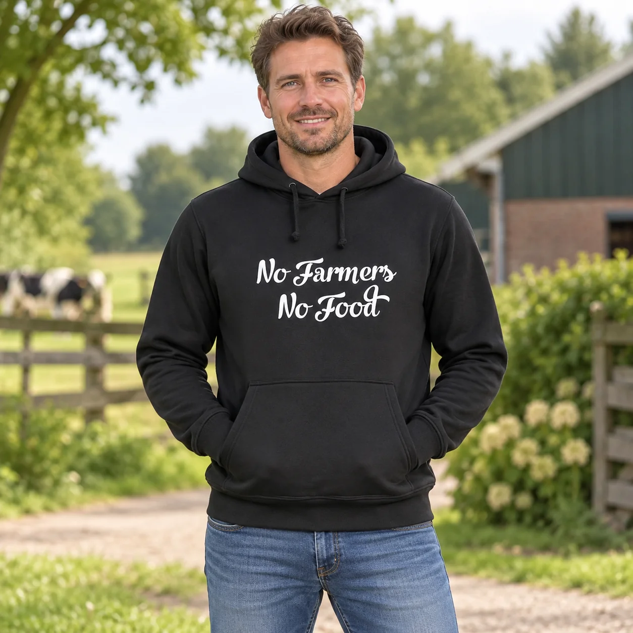 Hoodie No Farmers No Food Zwart met witte tekst – sfeerbeeld