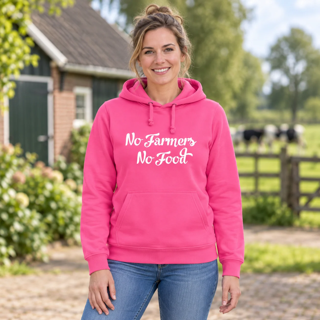 Hoodie No Farmers No Food Roze met witte tekst – sfeerbeeld