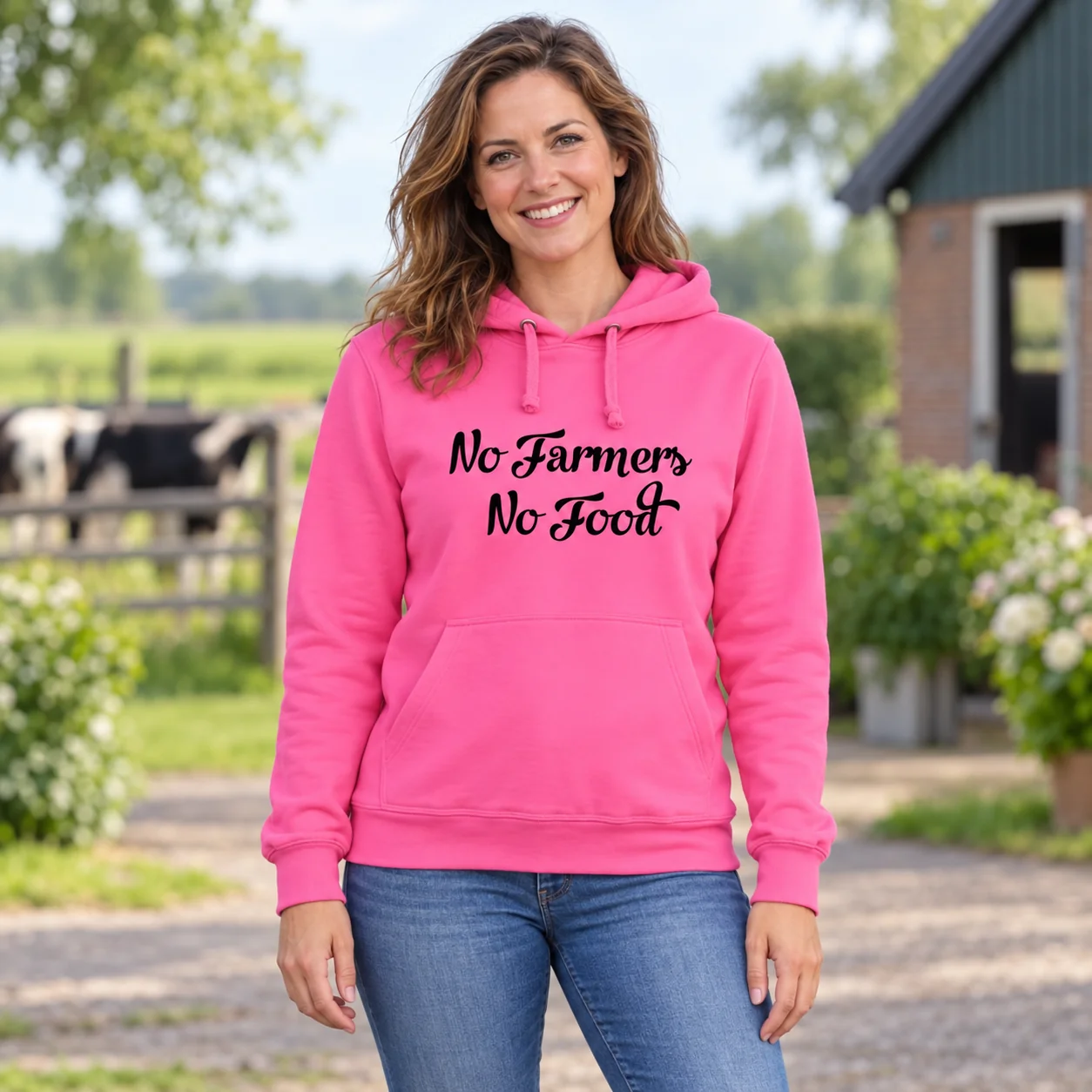Hoodie No Farmers No Food Roze met zwarte tekst – sfeerbeeld