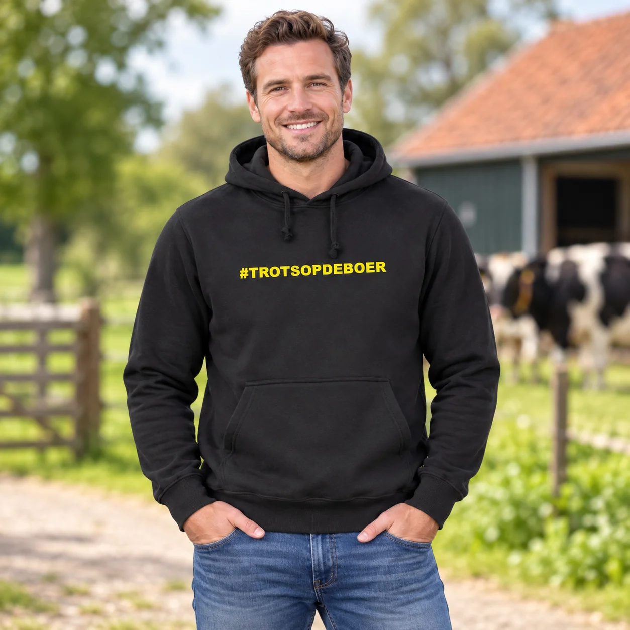 Hoodie #trotsopdeboer Zwart met gele tekst – sfeerbeeld