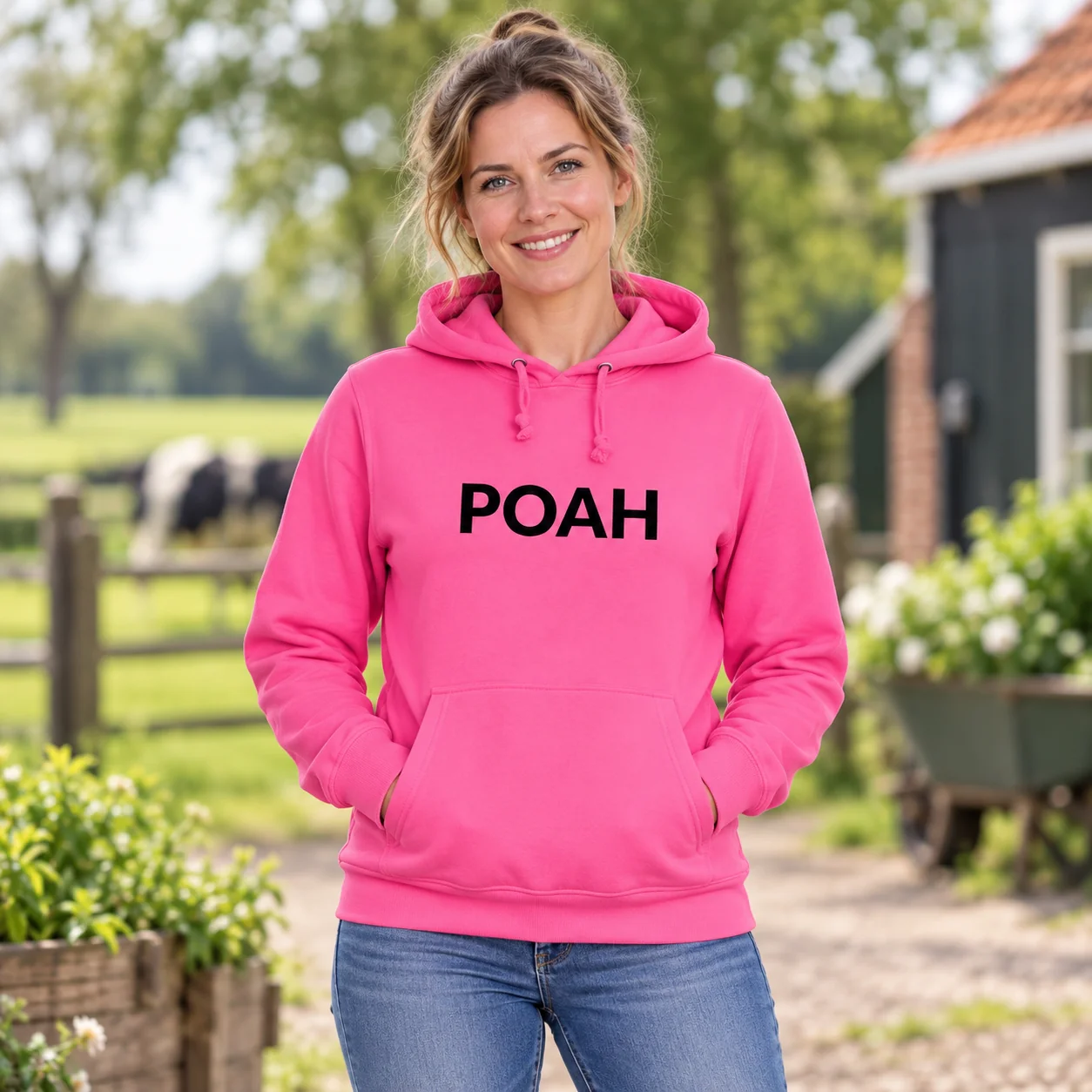 Hoodie POAH Roze met zwarte tekst – sfeerbeeld