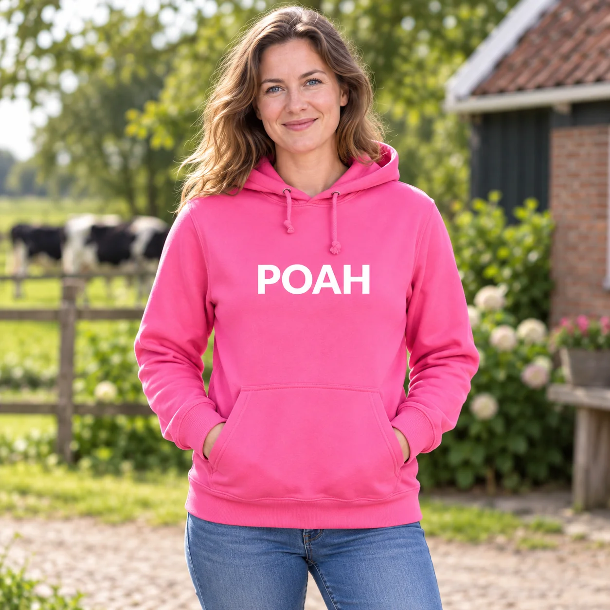 Hoodie POAH Roze met witte tekst – sfeerbeeld