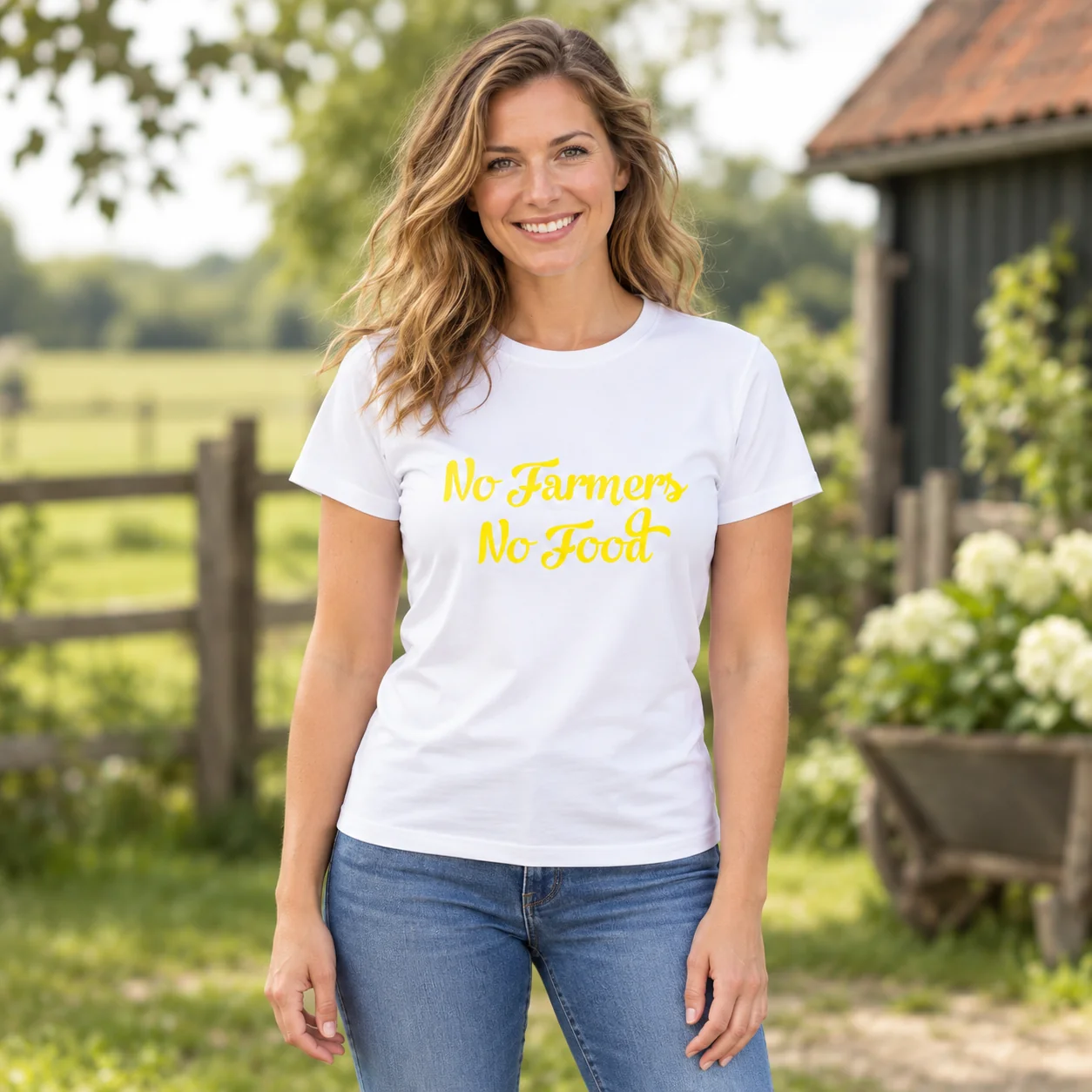 T-Shirt No Farmers No Food Wit met gele tekst – sfeerbeeld