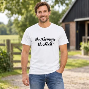 T-Shirt No Farmers No Food Wit met zwarte tekst – sfeerbeeld