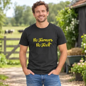 T-Shirt No Farmers No Food Zwart met gele tekst – sfeerbeeld