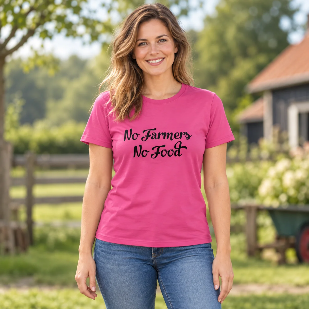 T-Shirt No Farmers No Food Roze met zwarte tekst – sfeerbeeld