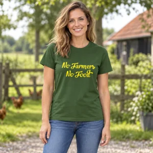 T-Shirt No Farmers No Food Groen met gele tekst – sfeerbeeld