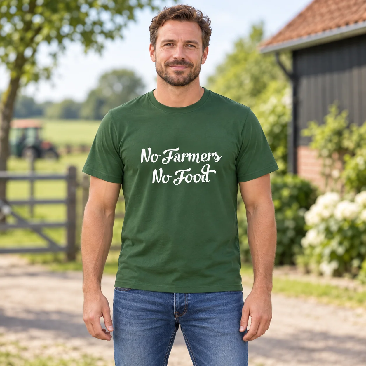 T-Shirt No Farmers No Food Groen met witte tekst – sfeerbeeld