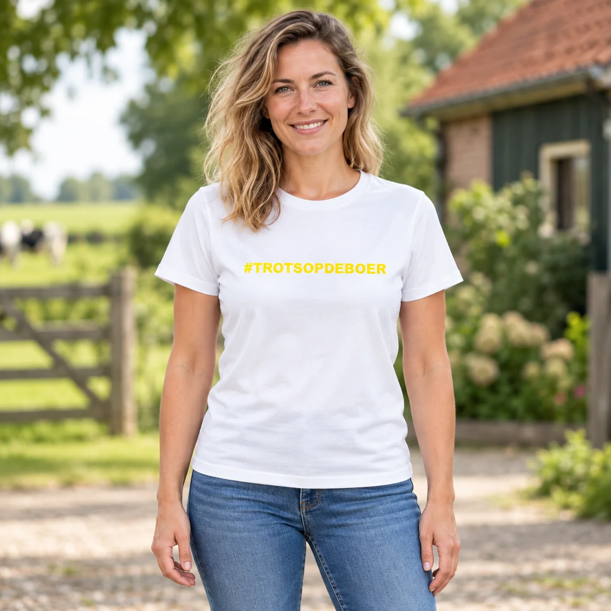 T-Shirt #Trotsopdeboer Wit met gele tekst – sfeerbeeld