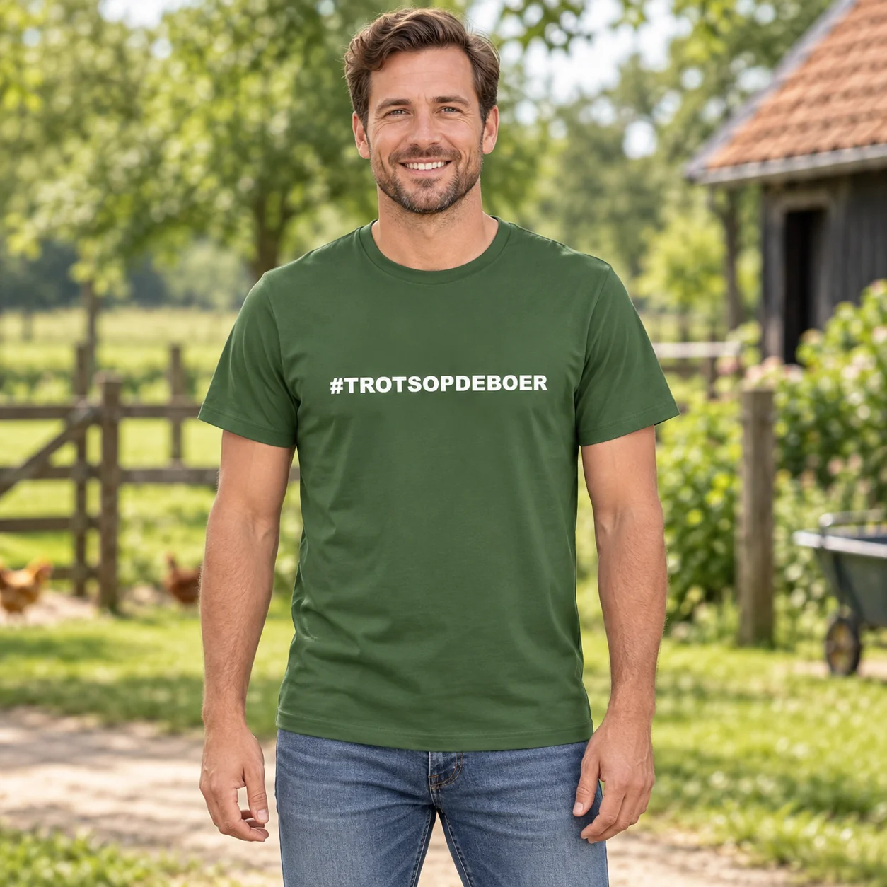 T-Shirt #Trotsopdeboer Groen met witte tekst – sfeerbeeld