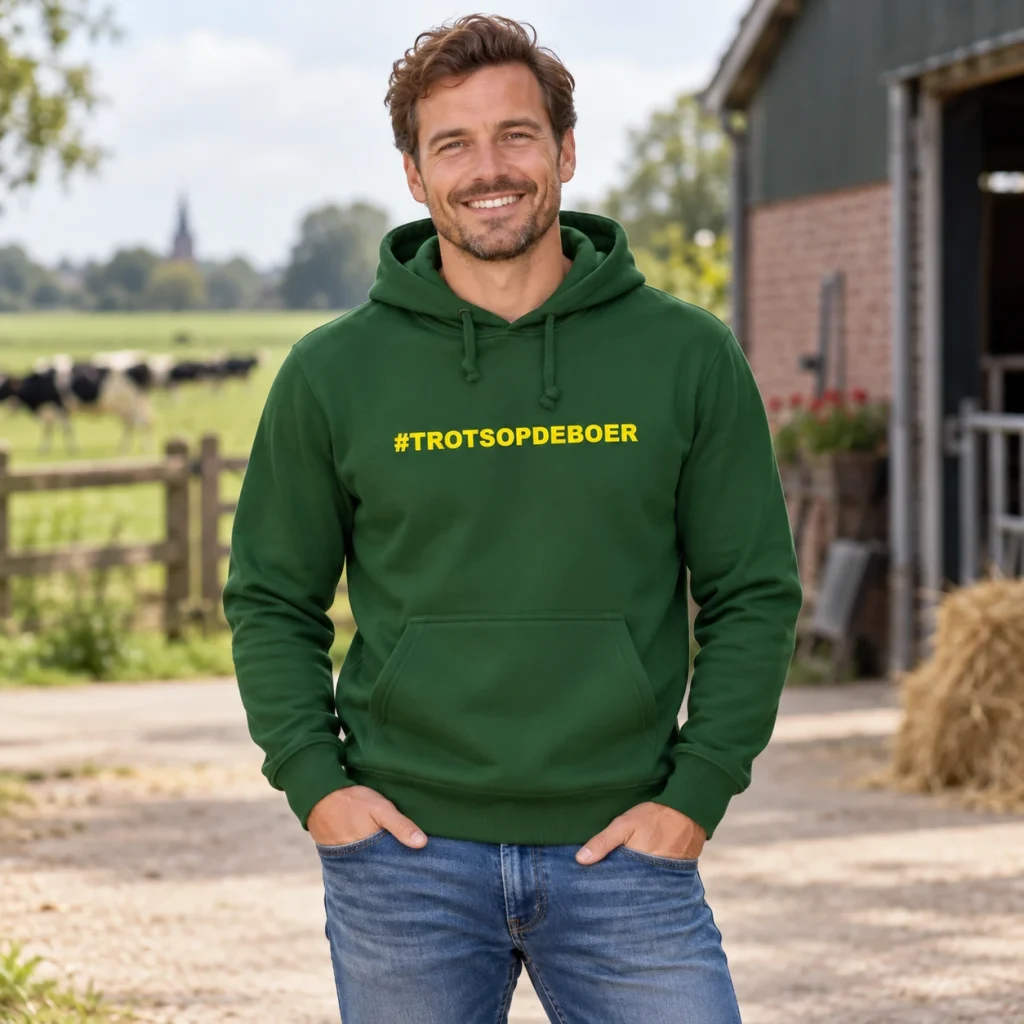Hoodie #trotsopdeboer Groen met gele tekst – AI-sfeerbeeld